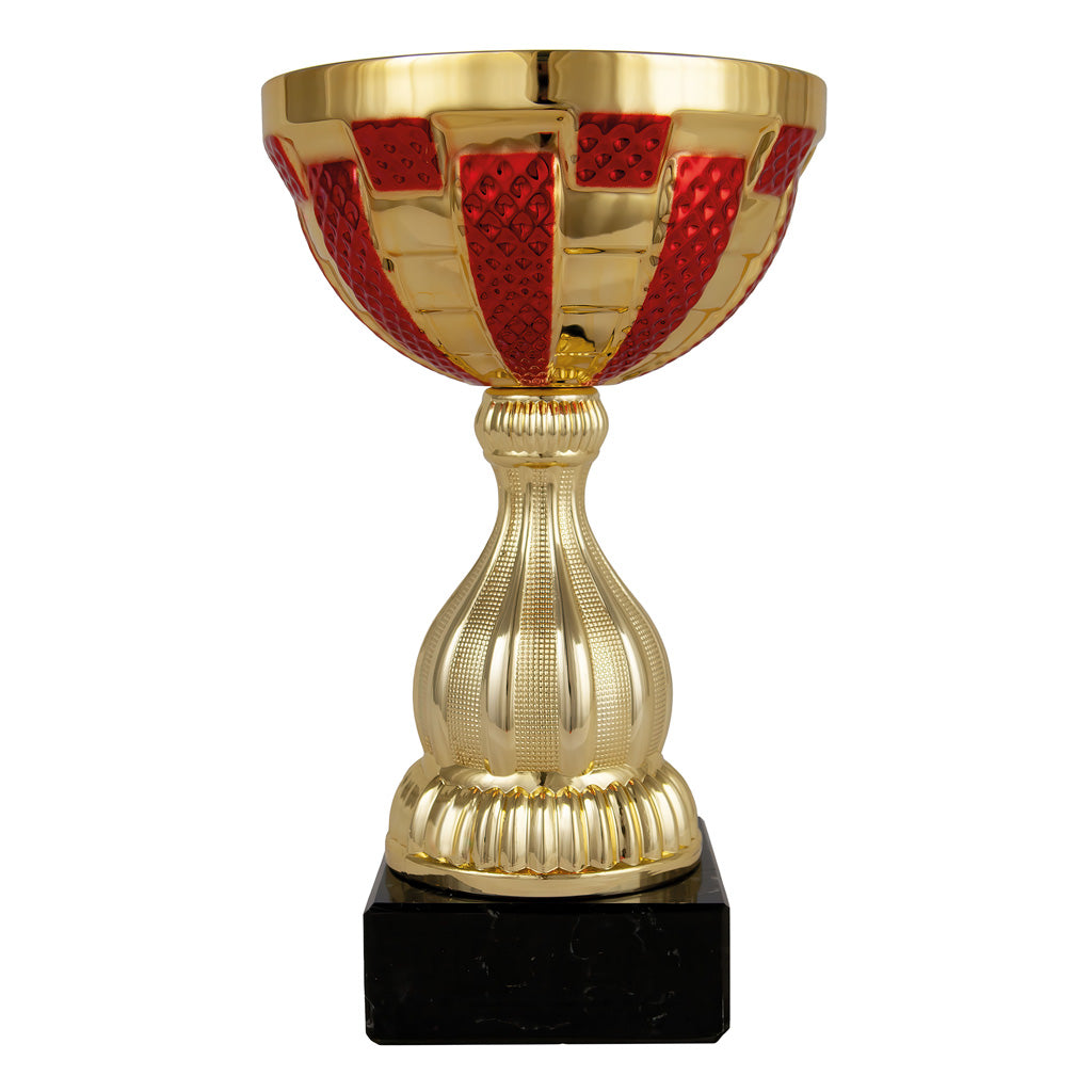 Copa deportiva oro combinada con rojo